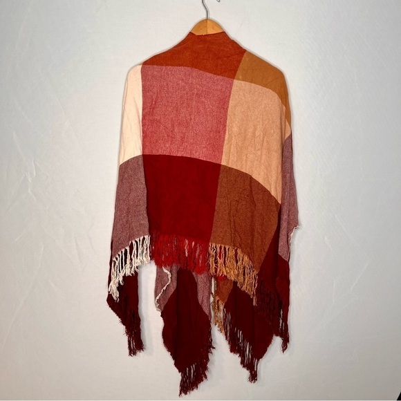 Plaid Color-Block Cozy Autumn Fringed Draped Shawl. One Size Fits All. - Picture 3 of 9